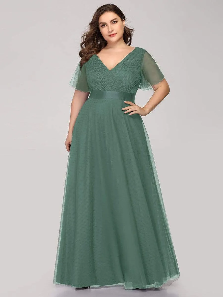 Women's Floor-Length Plus Size Formal Bridesmaid Dress with Short Sleeve