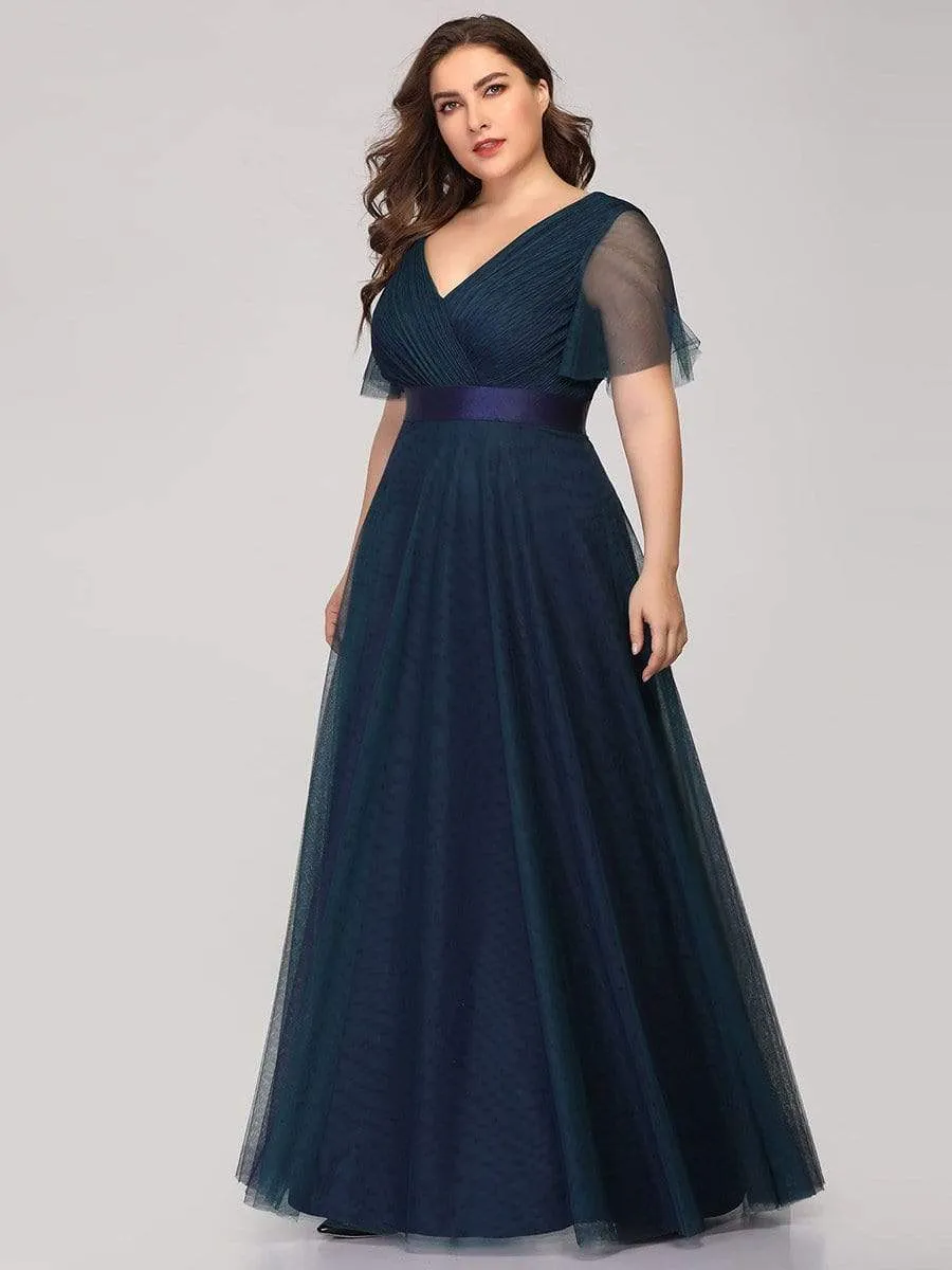 Women's Floor-Length Plus Size Formal Bridesmaid Dress with Short Sleeve