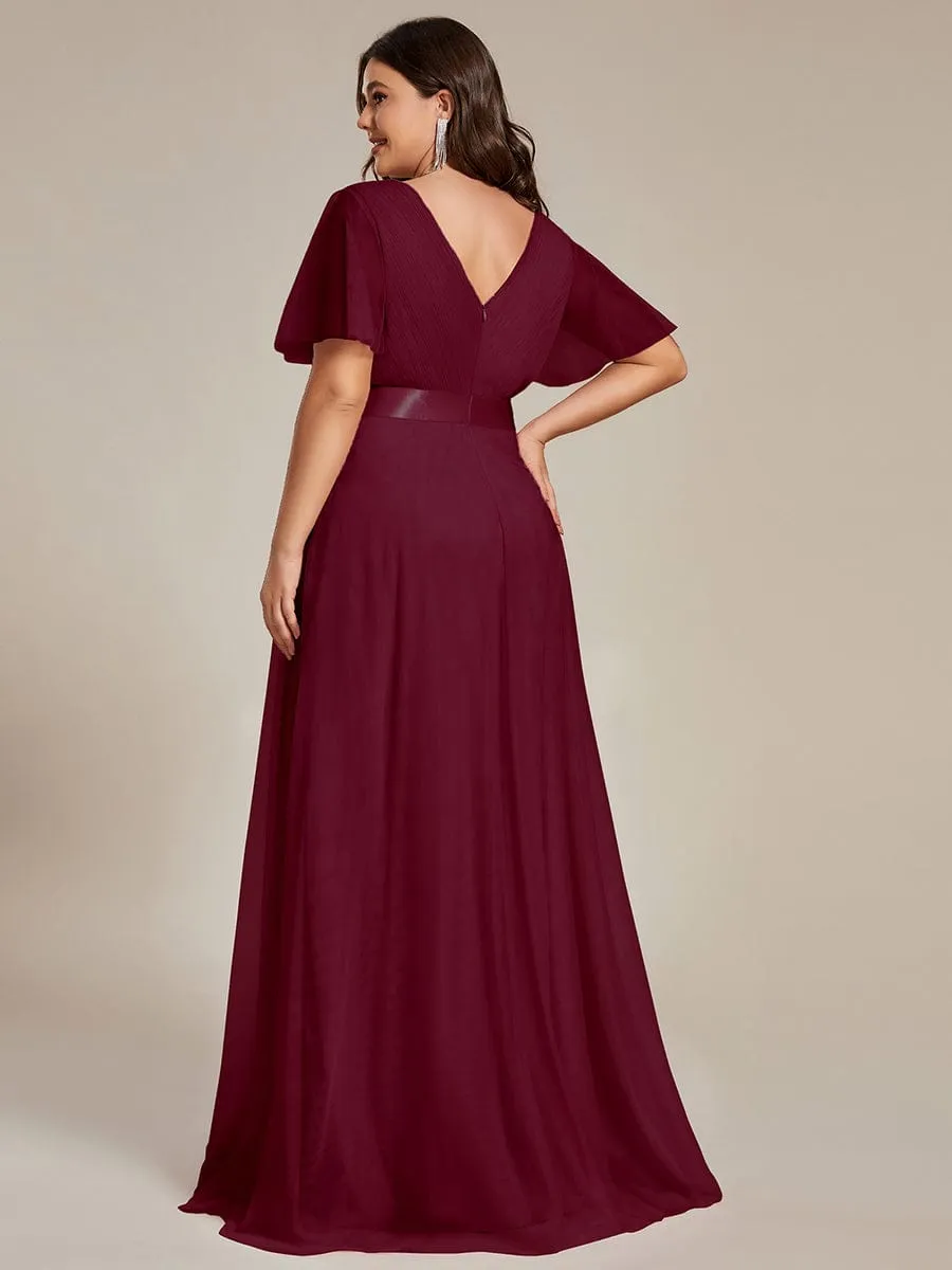 Women's Floor-Length Plus Size Formal Bridesmaid Dress with Short Sleeve