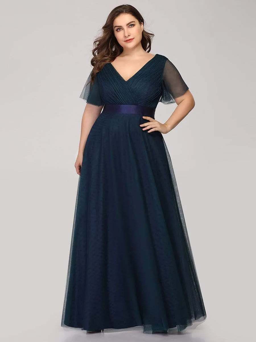 Women's Floor-Length Plus Size Formal Bridesmaid Dress with Short Sleeve