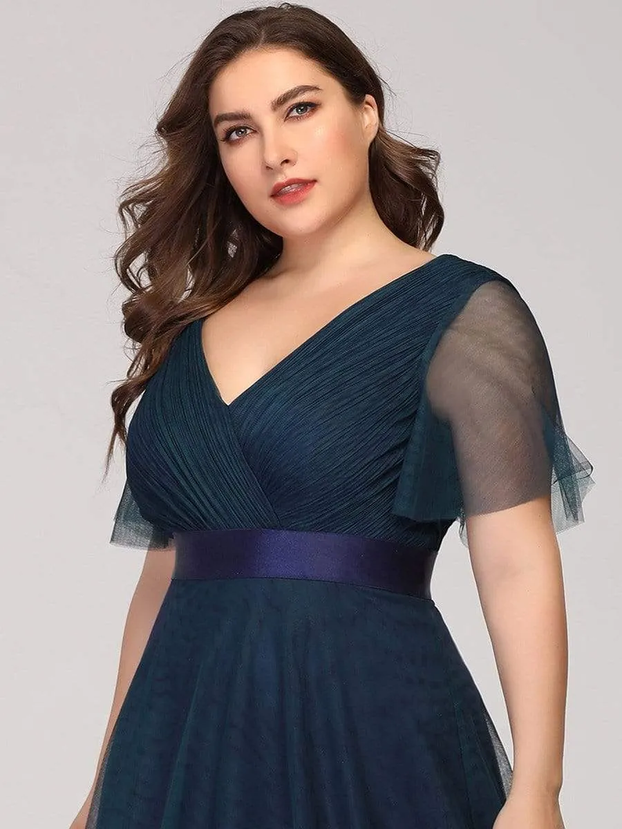 Women's Floor-Length Plus Size Formal Bridesmaid Dress with Short Sleeve