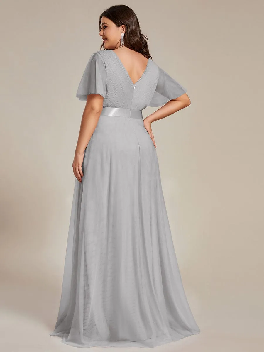 Women's Floor-Length Plus Size Formal Bridesmaid Dress with Short Sleeve