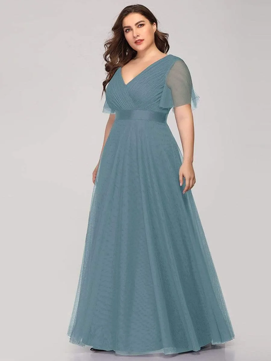 Women's Floor-Length Plus Size Formal Bridesmaid Dress with Short Sleeve