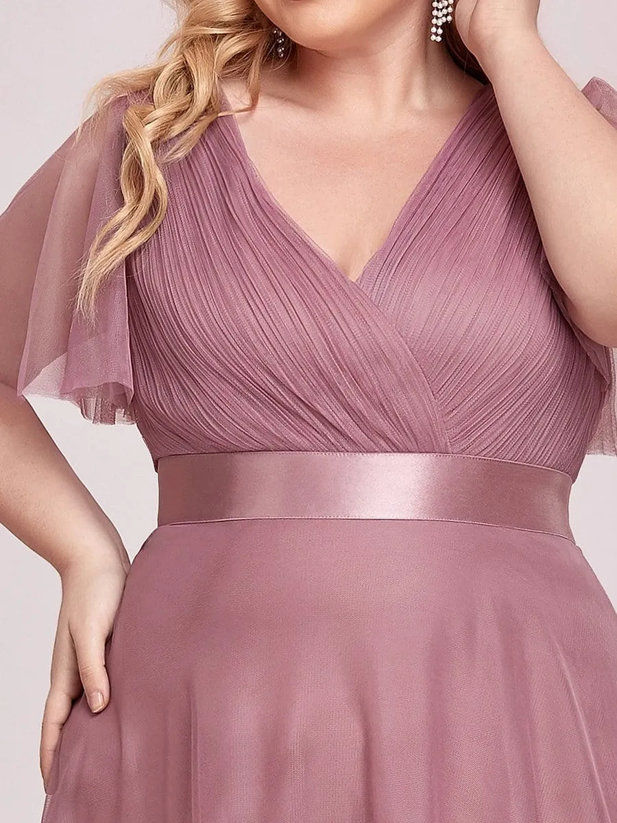 Women's Floor-Length Plus Size Formal Bridesmaid Dress with Short Sleeve