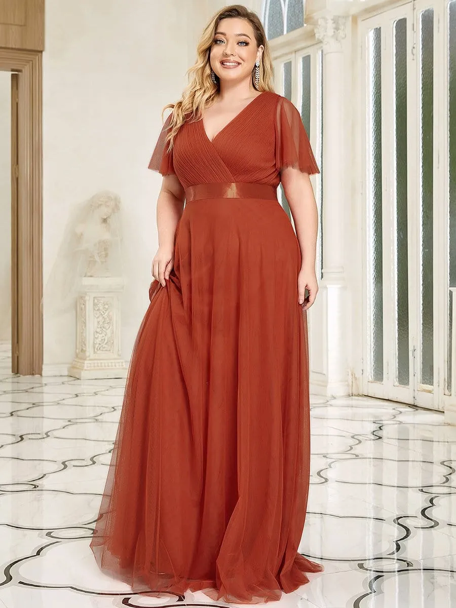 Women's Floor-Length Plus Size Formal Bridesmaid Dress with Short Sleeve