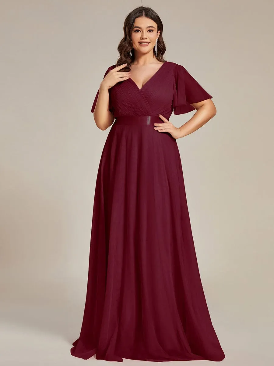 Women's Floor-Length Plus Size Formal Bridesmaid Dress with Short Sleeve