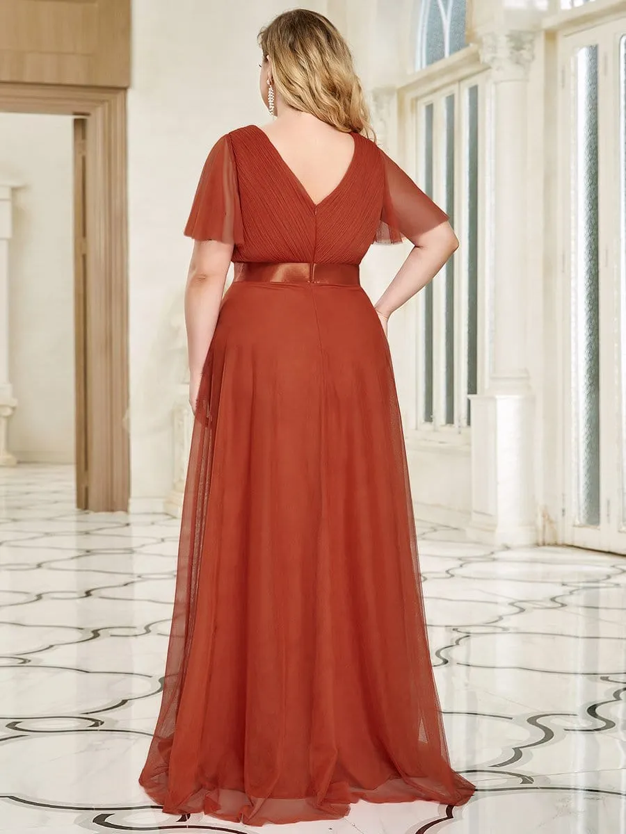 Women's Floor-Length Plus Size Formal Bridesmaid Dress with Short Sleeve